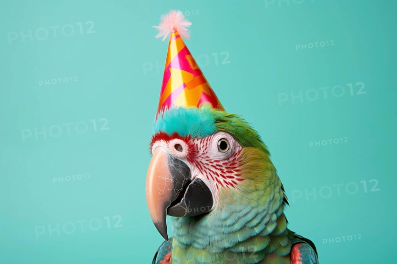Parrot with birthday party hat on green background. KI generiert, generiert AI generated