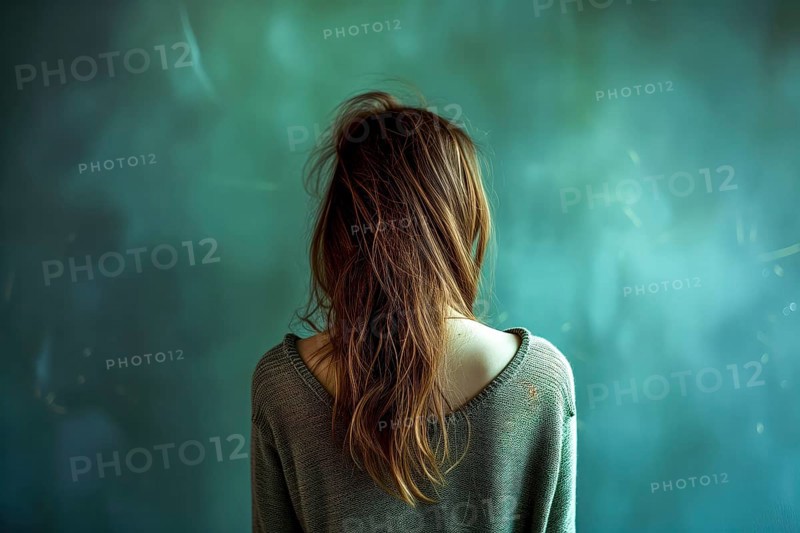 The image of a young woman from behind, surrounded by shades of green, creates a bleak atmosphere, symbolising depression and abuse, AI generated, AI generated
