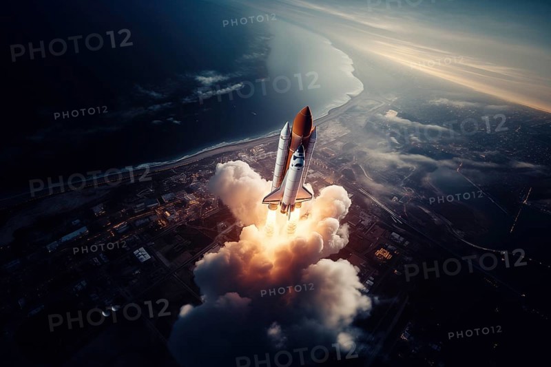 Aerial view of a rocket shuttle carrier launch at sunrise over an ocean coast. The rocket is blasting off with a trail of smoke and flames behind it, AI generated