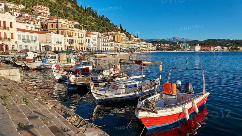 Small fishing boats at a sun-drenched Mediterranean harbour with mountains, Taygetos Mountains, Taygetos, Gythio, Mani, Peloponnese, Greece, Europe