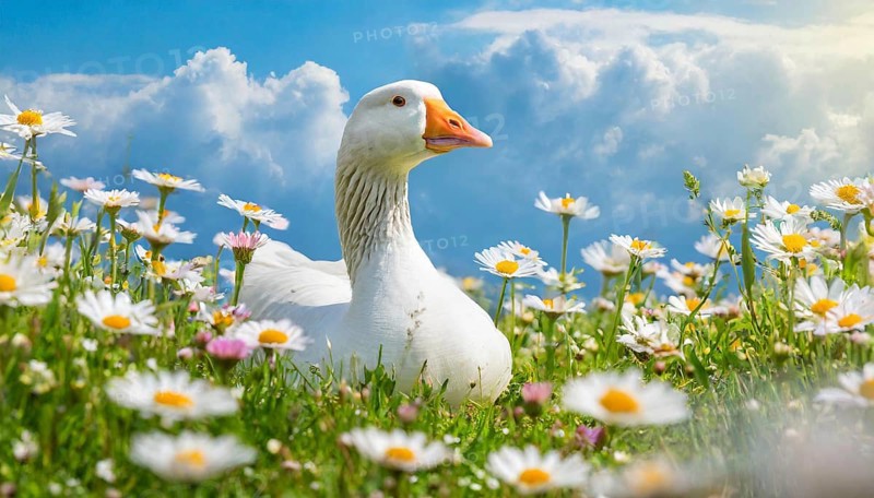 AI generated, animal, animals, bird, birds, biotope, habitat, one, individual, foraging, wildlife, goose, domestic goose, domestic geese, (Anser anser), female, gosling, gosling, yellow gosling, swim, pond, body of water, water, lie, meadow, flowers, summer, two, three, four, pet, domestic animals, farm animal, farm animals