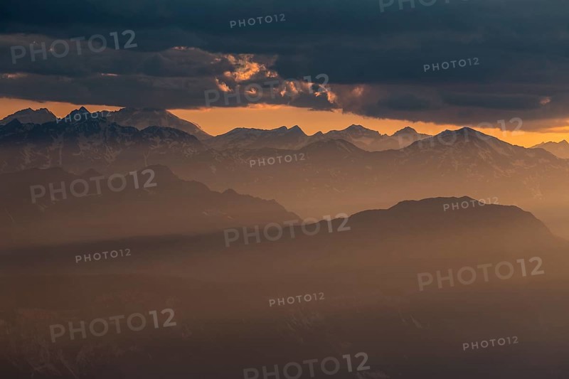 Thunderstorm mood over mountains, backlight, summer, view from Schlern to Ortler group, Dolomites, South Tyrol, Italy, Europe