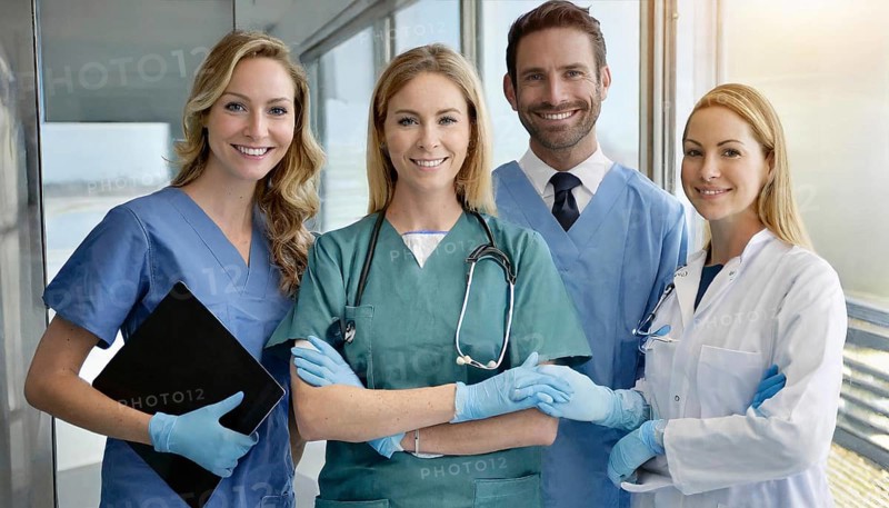 AI generated, RF, woman, woman, man, men, doctor, female doctor, 25, 30, years, attractive, attractive, doctor's office, holding an x-ray, precaution, health, blond, blonde, blonde, beautiful teeth, long hair, rounds, four, people, bearded, two men, two woman, AI generated