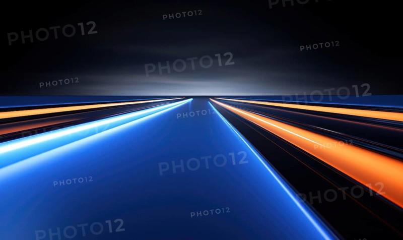Futuristic abstract concept art of a glowing horizon with blue and orange neon lights, AI generated