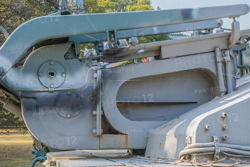 Shell loading tray assembly on military armored vehicle on display in public park