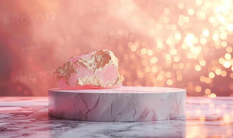 Pink marble podium with shadow of leaves and rose quartz texture background AI generated