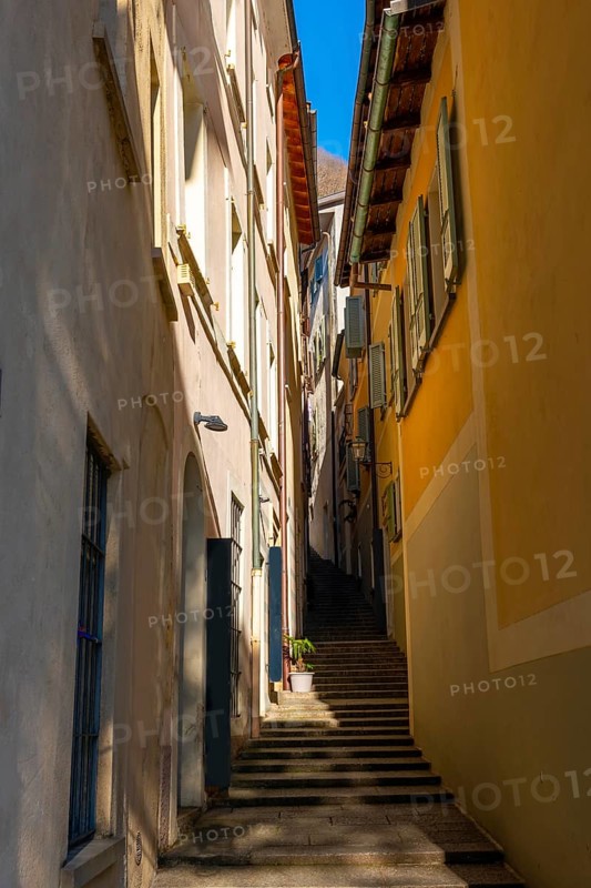 Old Beautiful Narrow Street with Building in a Sunny Day in Morcote, Ticino, Switzerland, Europe