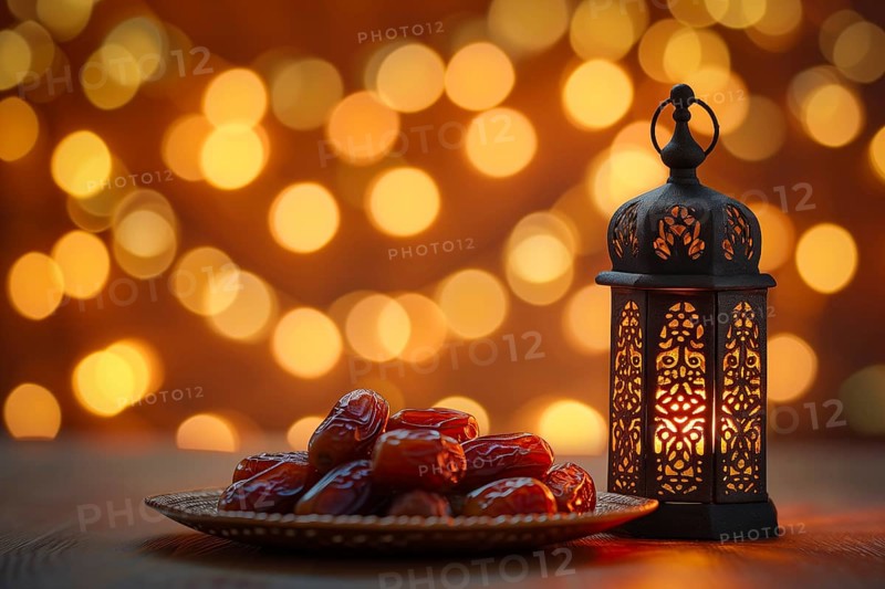 Ramadan lantern to a plate of succulent figs on bokeh background, set on an ornate table with intricate designs, evoking the rich traditions and serene moments of the holy month, AI generated