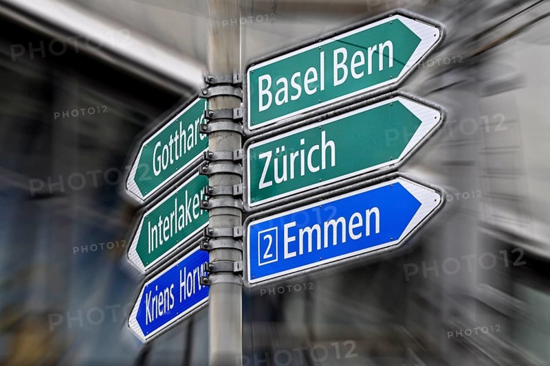 Wipe-clean signpost Gotthard motorway, Interlaken, Basel, Bern and Zurich, Switzerland, Europe