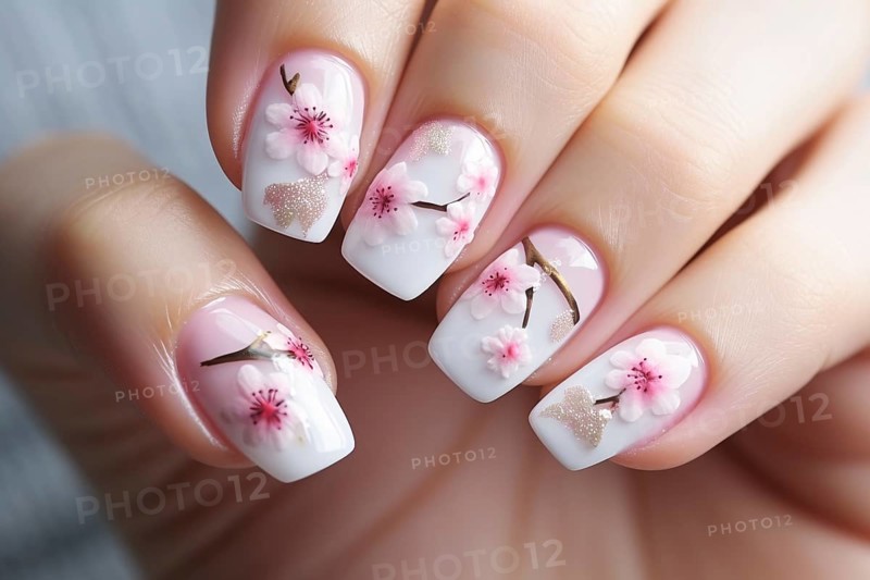 Woman's fingernails with pink cherry blossom nail design. KI generiert, generiert AI generated