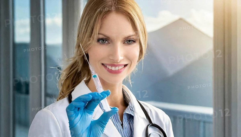 AI generated, RF, woman, woman, doctor, female doctor, 25, 30, years, attractive, attractive, doctor's office, holds a syringe in her hand, disposable syringe, flu shot, corona, pneumococcal, prevention, health, blonde, blonde, beautiful teeth, long hair