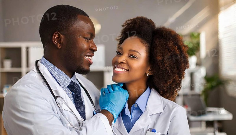 AI generated, RF, woman, woman, man, men, doctor, female doctor, two, 30-35, years, attractive, attractive, doctor's office, hold, hand, in love, love, affection, tenderness, blond, blonde, blonde, beautiful teeth, long hair, two people, lovers, bearded, AI generated