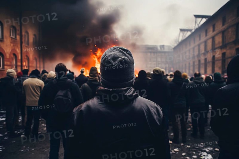 Back view of people in riot in burning city. KI generiert, generiert AI generated