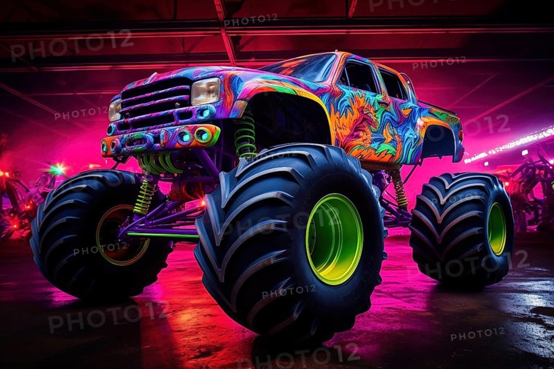 Monster truck illuminated by neon lights, excitement and thrill of an extreme sport and entertainment monster truck stunts racing show, AI generated