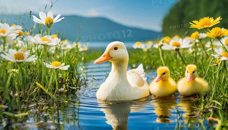 KI generated, animal, animals, bird, birds, biotope, habitat, one, single animal, foraging, wildlife, duck, ducks, domestic duck, female, (Anas platyrhynchos) white, white, yellow ducklings, young animals, animal children, two, three, four, white duck mother with yellow chicks, excursion, water, meadow, grass, spring, summer, flowers, pond, swimming, sitting, farm animal, domestic animal