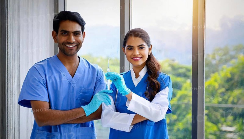 Ai generated, RF, woman, woman, man, men, doctor, female doctor, two, 30-35, years, attractive, attractive, doctor's office, holds a syringe in his hand, disposable syringe, flu shot, corona, pneumococcal, prevention, health, beautiful teeth, long hair, two people, Indian