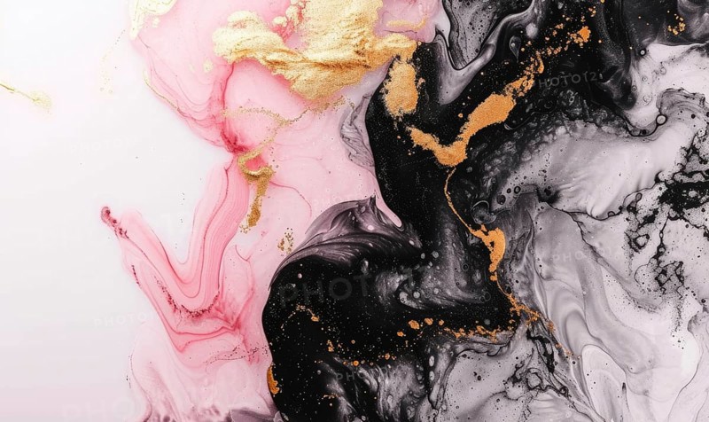 Black, pink, white and gold abstract background. Marbling artwork texture. Rose quartz ripple pattern. Gold powder AI generated