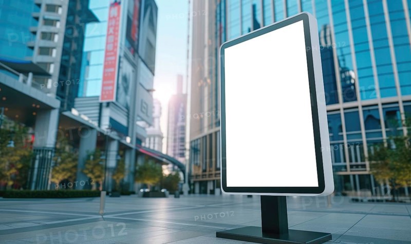 Blank street billboard on city street. Mock up of vertical advertising stand in the street AI generated