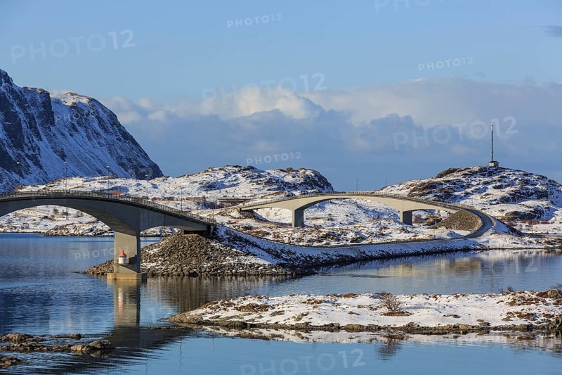 Fredvang bridges in winter, Fredvang, Lofoten, Nordland, Norway, Europe