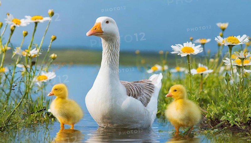 AI generated, animal, animals, bird, birds, biotope, habitat, one, individual, foraging, wildlife, goose, domestic goose, domestic geese, (Anser anser), female, gosling, gosling, yellow gosling, swim, pond, body of water, water, lie, meadow, flowers, summer, two, three, four, pet, domestic animals, farm animal, farm animals