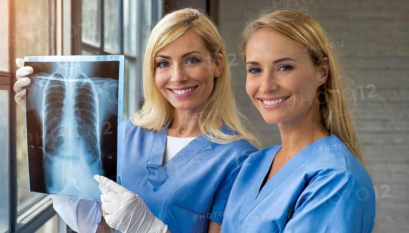 KI generated, RF, woman, woman, two, female, doctor, doctor team, team, 30+, years, attractive, attractive, doctor's office, look at an x-ray, x-ray, examination, check-up, health, blond, blonde, blonde, beautiful teeth, long hair, two people, two woman