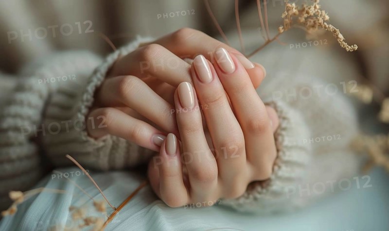 Female hands with pink nail design. Nail polish manicure AI generated