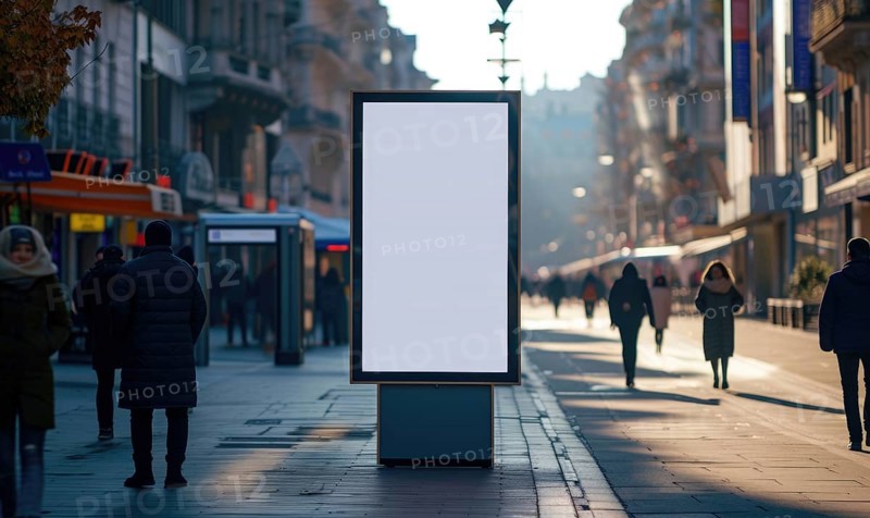 Blank street billboard on city street. Mock up of vertical advertising stand in the street AI generated