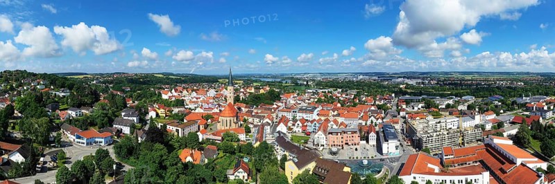 Aerial view of Dingolfing with a view of the historic town centre. Dingolfing, Lower Bavaria, Bavaria, Germany, Europe