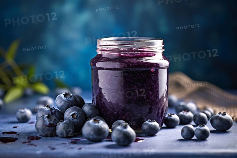 Glass jar with blueberry jam or marmelade. KI generiert, generiert AI generated