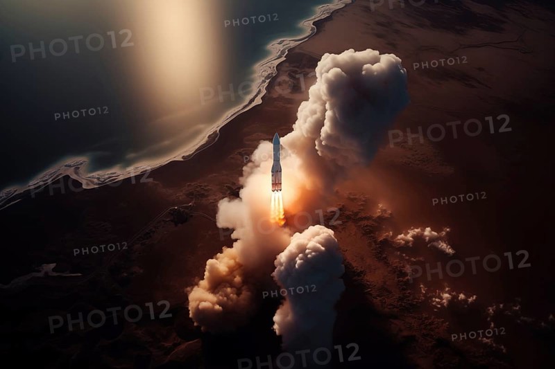 Aerial view of a rocket launch at sunrise sunset over an ocean coast. The rocket is blasting off with a trail of smoke and flames behind it, AI generated