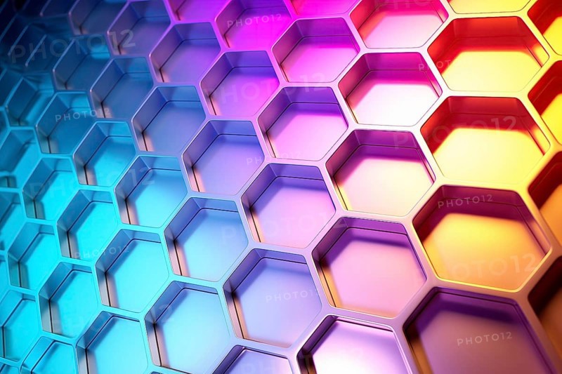 Metallic honeycomb pattern illuminated with vibrant gradient colors abstract background, AI generated