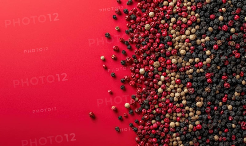 Top view of pink and black pepper peppercorns on pink background AI generated