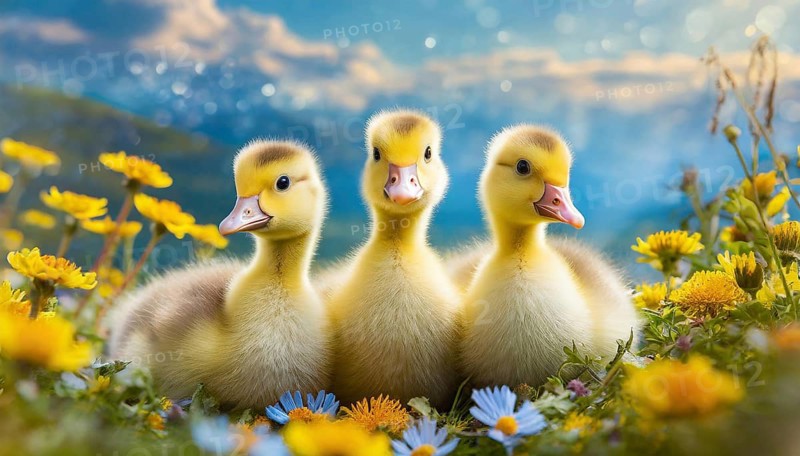 AI generated, animal, animals, bird, birds, biotope, habitat, one, individual, foraging, wildlife, goose, domestic goose, domestic geese, (Anser anser), female, gosling, gosling, yellow gosling, swim, pond, body of water, water, lie, meadow, flowers, summer, two, three, four, pet, domestic animals, farm animal, farm animals