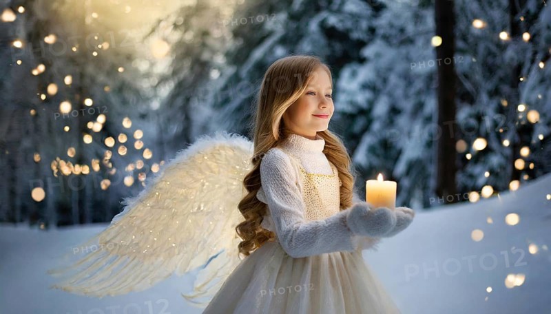 AI generated, girl, angel, winter, snow, ice, firs, snowy, snowflakes, winter landscape, costume, clothes, angel costume, candle, candles, light, lights, beautiful teeth, smiles, friendly, Christmas, evening, night shot, winter forest, church, one person, 8-12 years, burning candle