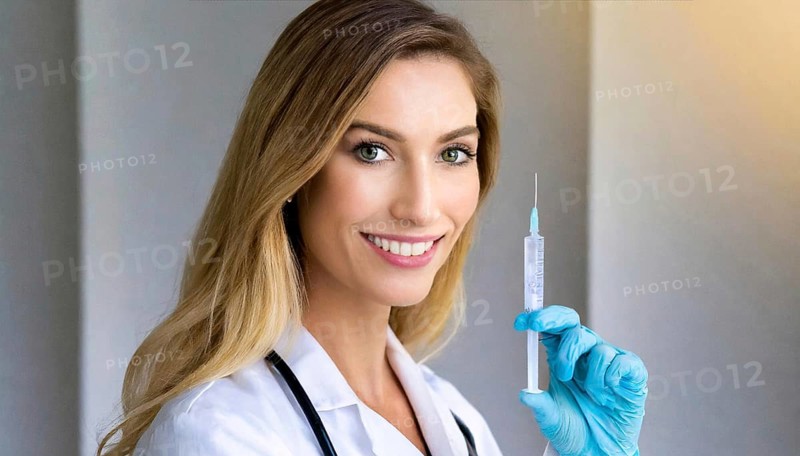 AI generated, RF, woman, woman, doctor, female doctor, 25, 30, years, attractive, attractive, doctor's office, holds a syringe in her hand, disposable syringe, flu shot, corona, pneumococcal, prevention, health, blonde, blonde, beautiful teeth, long hair