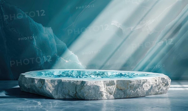 Minimalistic abstract scene with marble podium and blue geode on background AI generated