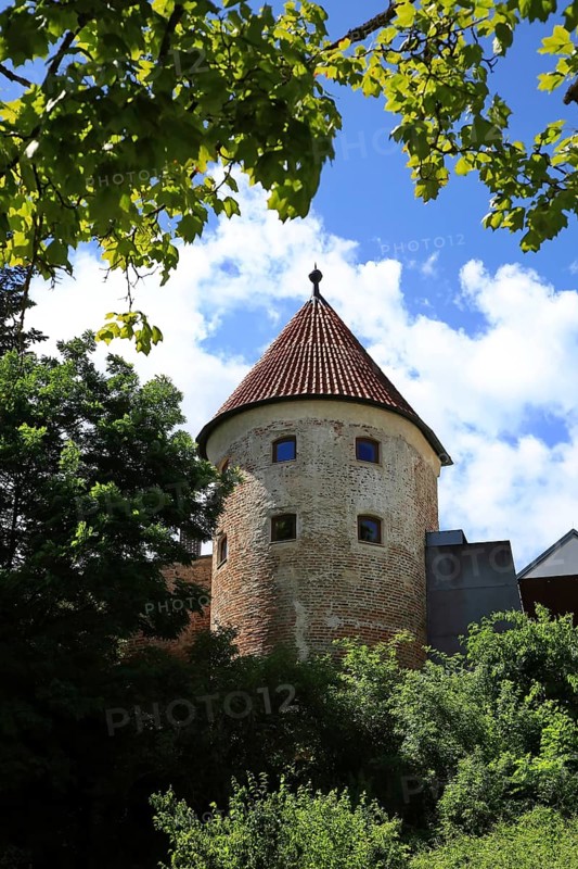 The historic old town centre of Dingolfing with a view of the historic tower. Dingolfing, Lower Bavaria, Bavaria, Germany, Europe