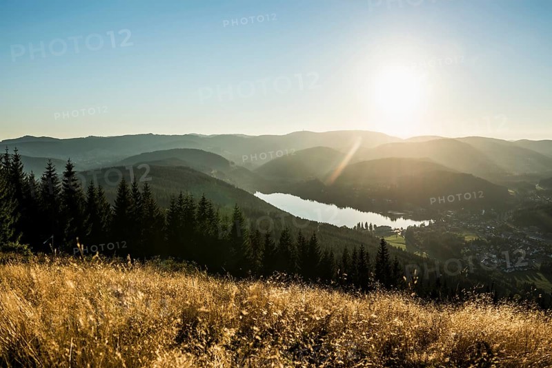 View from Hochfirst to Titisee and Feldberg, sunset, near Neustadt, Black Forest, Baden-Wuerttemberg, Germany, Europe