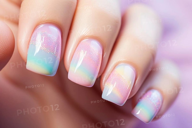 Woman's pastel rainbow colored fingernail nail art design. KI generiert, generiert AI generated