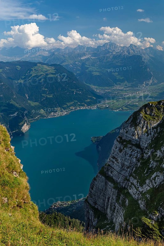 View from Niederbauen Kulm (1923m) to Flueelen and Altdorf, Lake Lucerne, Canton Uri, Switzerland, Lake Lucerne, Uri, Switzerland, Europe