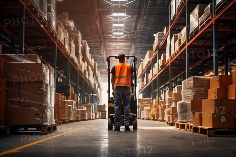 A worker in a reflective vest operates a forklift in a well-lit warehouse, navigating through aisles stacked with packaged goods. Efficiency and organization of a modern distribution center, AI generated