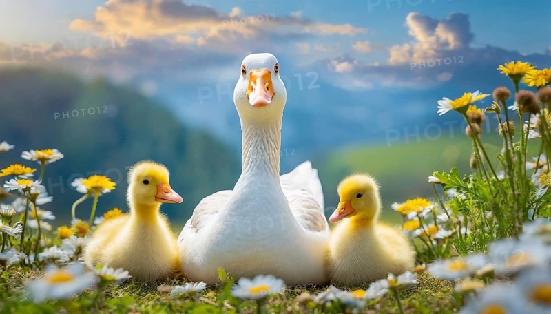 AI generated, animal, animals, bird, birds, biotope, habitat, one, individual, foraging, wildlife, goose, domestic goose, domestic geese, (Anser anser), female, gosling, gosling, yellow gosling, swim, pond, body of water, water, lie, meadow, flowers, summer, two, three, four, pet, domestic animals, farm animal, farm animals