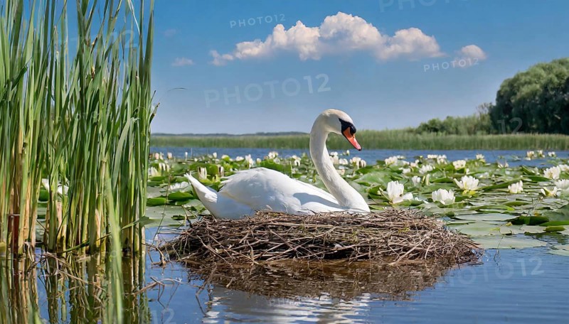 Ai generated, animal, animals, bird, birds, biotope, habitat, a, individual, water, reed, water lilies, blue sky, foraging, wildlife, white, white swan, swans, mute swan (Cygnus olor), summer, seasons, sideways