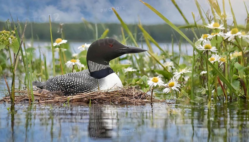 Ai generated, animal, animals, bird, birds, biotope, habitat, a, individual, swims, waters, breeds, nest, reeds, water lilies, blue sky, foraging, wildlife, summer, seasons, loon, (Gavia immer), tundra, Greenland, Iceland, Canada, loon, winters on the coasts of Europe, North America