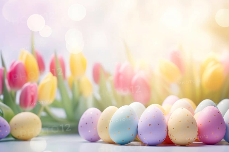 Pastel colored Easter eggs with dots and tulip spring flowers. KI generiert, generiert AI generated