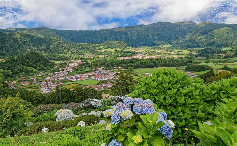 View of the Furnas valley surrounded by lush vegetation and colourful hydrangeas under a cloudy sky, Terra Nostra Park, Furnas, Sao Miguel, Azores, Portugal, Europe