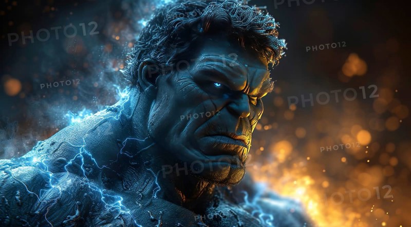 Hulk depicted with a fiery orange background and an intense, glowing gaze, AI generated
