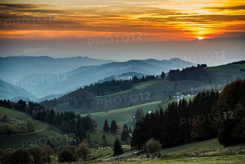 Hilly landscape, sunset, view from Schauinsland into Muenstertal, near Freiburg im Breisgau, Black Forest, Baden-Wuerttemberg, Germany, Europe