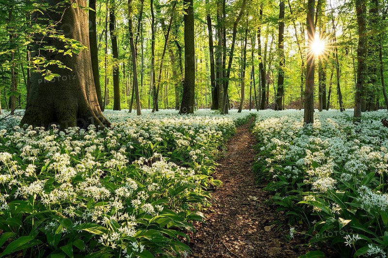 A path leads through a deciduous forest with white flowering ramson (Allium ursinum) in spring. Evening sun with sun star. Rhine-Neckar district, Baden-Wuerttemberg, Germany, Europe