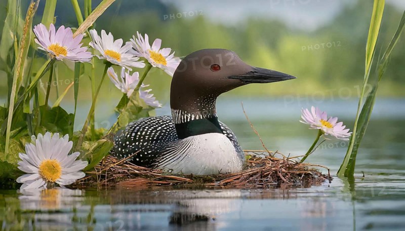 Ai generated, animal, animals, bird, birds, biotope, habitat, a, individual, swims, waters, breeds, nest, reeds, water lilies, blue sky, foraging, wildlife, summer, seasons, loon, (Gavia immer), tundra, Greenland, Iceland, Canada, loon, winters on the coasts of Europe, North America